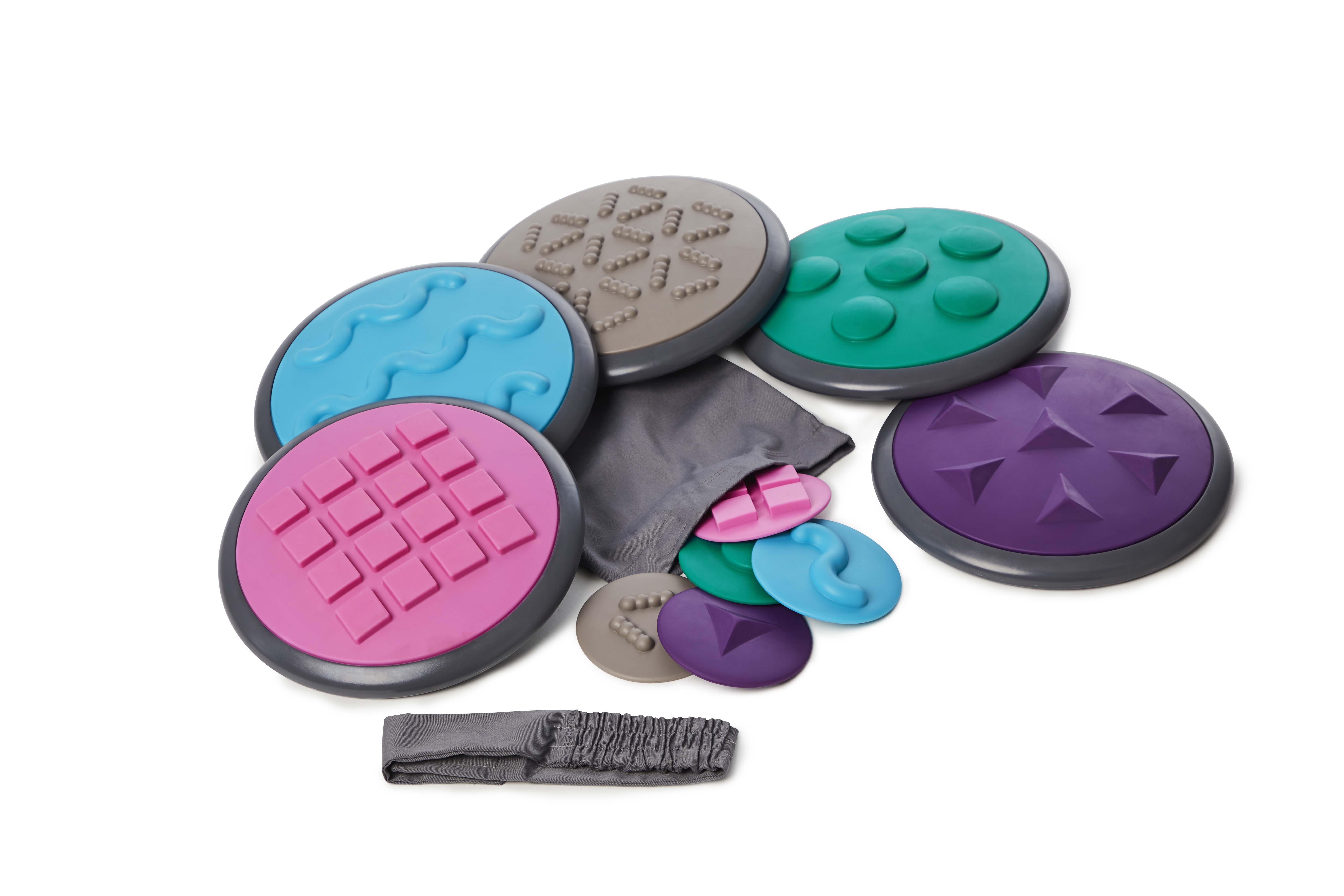 Taktile Fühlplatten, Gonge Scheiben, Set 2, inkl. Augenbinde, 5er Set