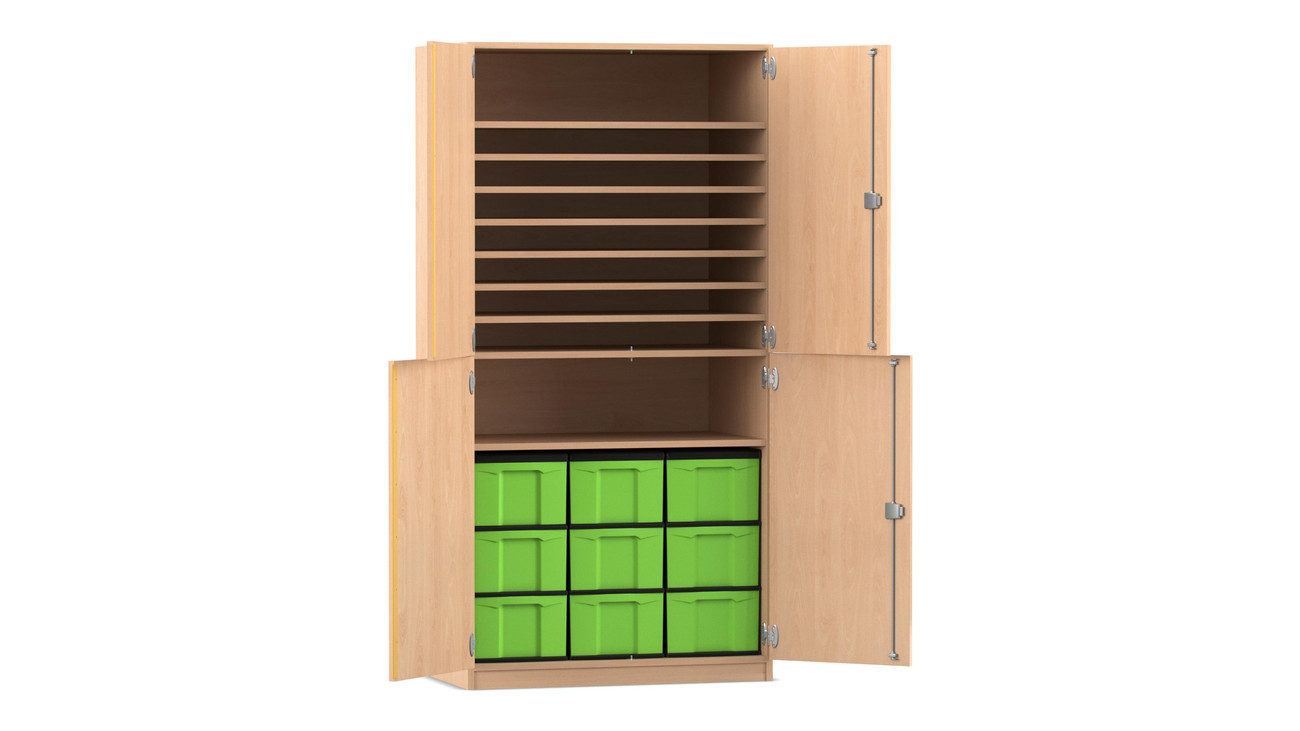 Flexeo Bastelschrank, Buche hell, BxHxT: 94,4 x 190 x 60 cm, 9 große Boxen grün, 9 Fächer, Schloss