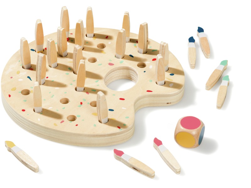 Merkspiel Pinsel aus Holz mit Palette und Würfel, Farben finden, ab 4 Jahren