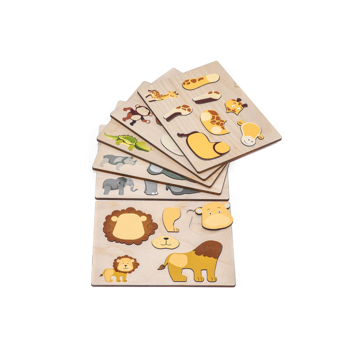 Magnetpuzzle Wildtiere, 6er Set, magnetische Puzzleteile in Holzbox, 4 mm Stärke
