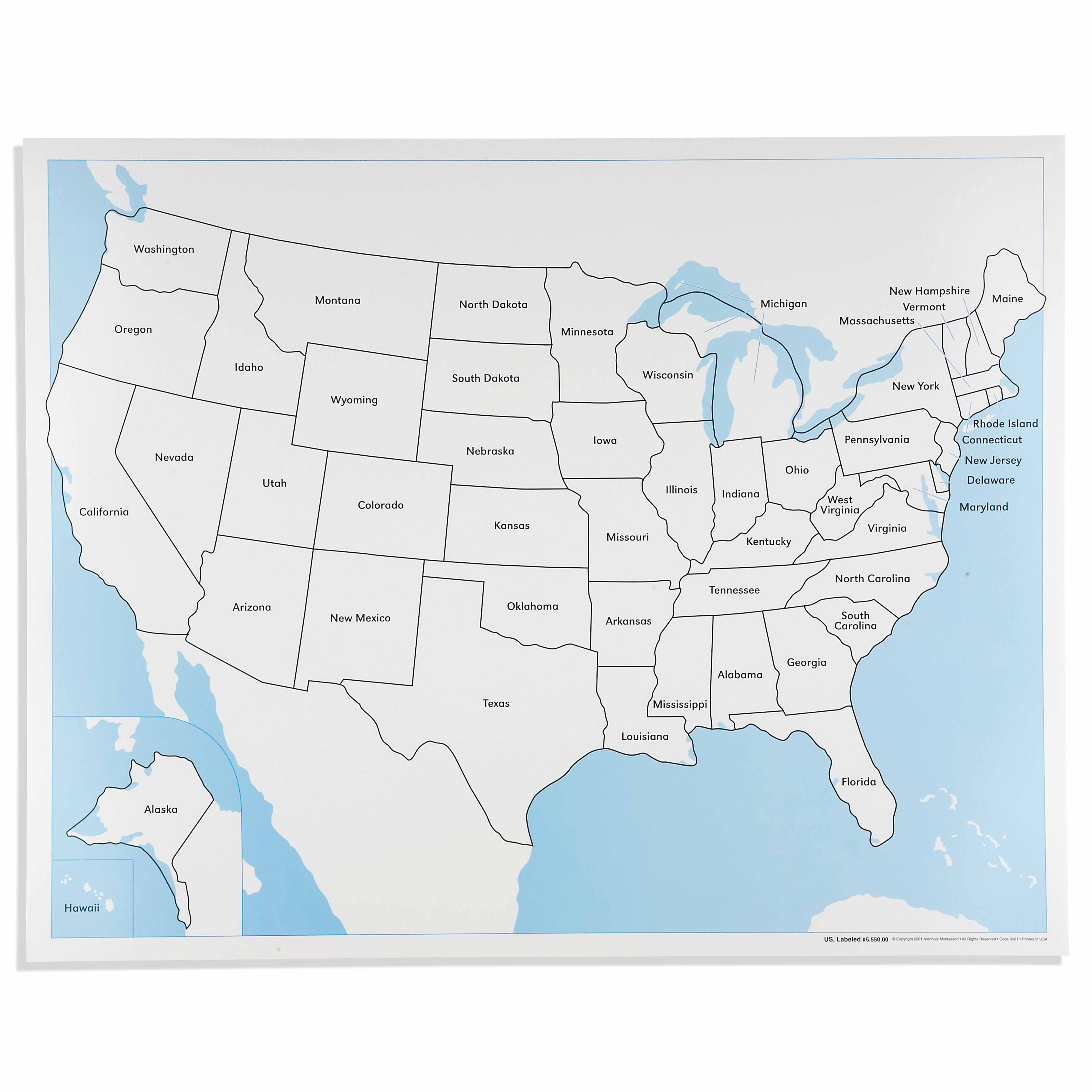 Kontrollkarte Vereinigte Staaten von Amerika: beschriftet (englisch) - Montessori Geographie