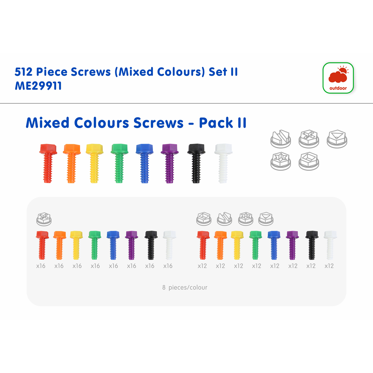 Schrauben Set 512 Teile, 8 Farben und 5 Kopfarten, für STEM Wand, ab 3 Jahre