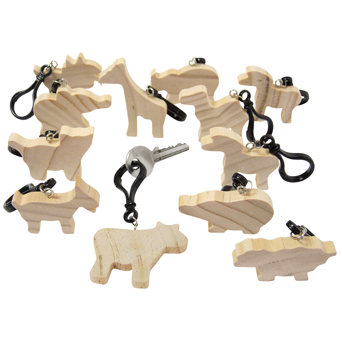 Holzfiguren Tiere Schlüsselanhänger 12er Set, bemalbar, ca. 5 x 9,5 x 0,8 cm
