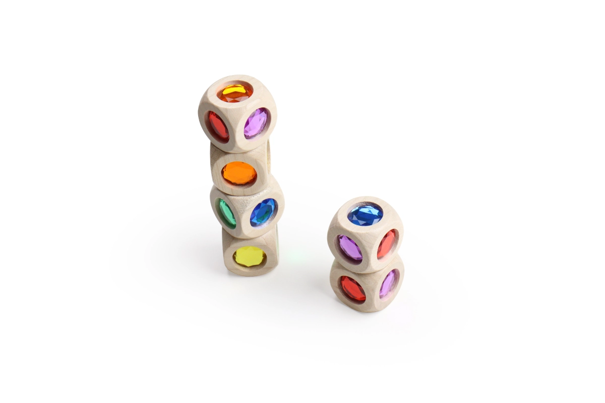 Regenbogenwürfel mini - aus Ahornholz, Glitzerwürfel, ab 36 Monaten