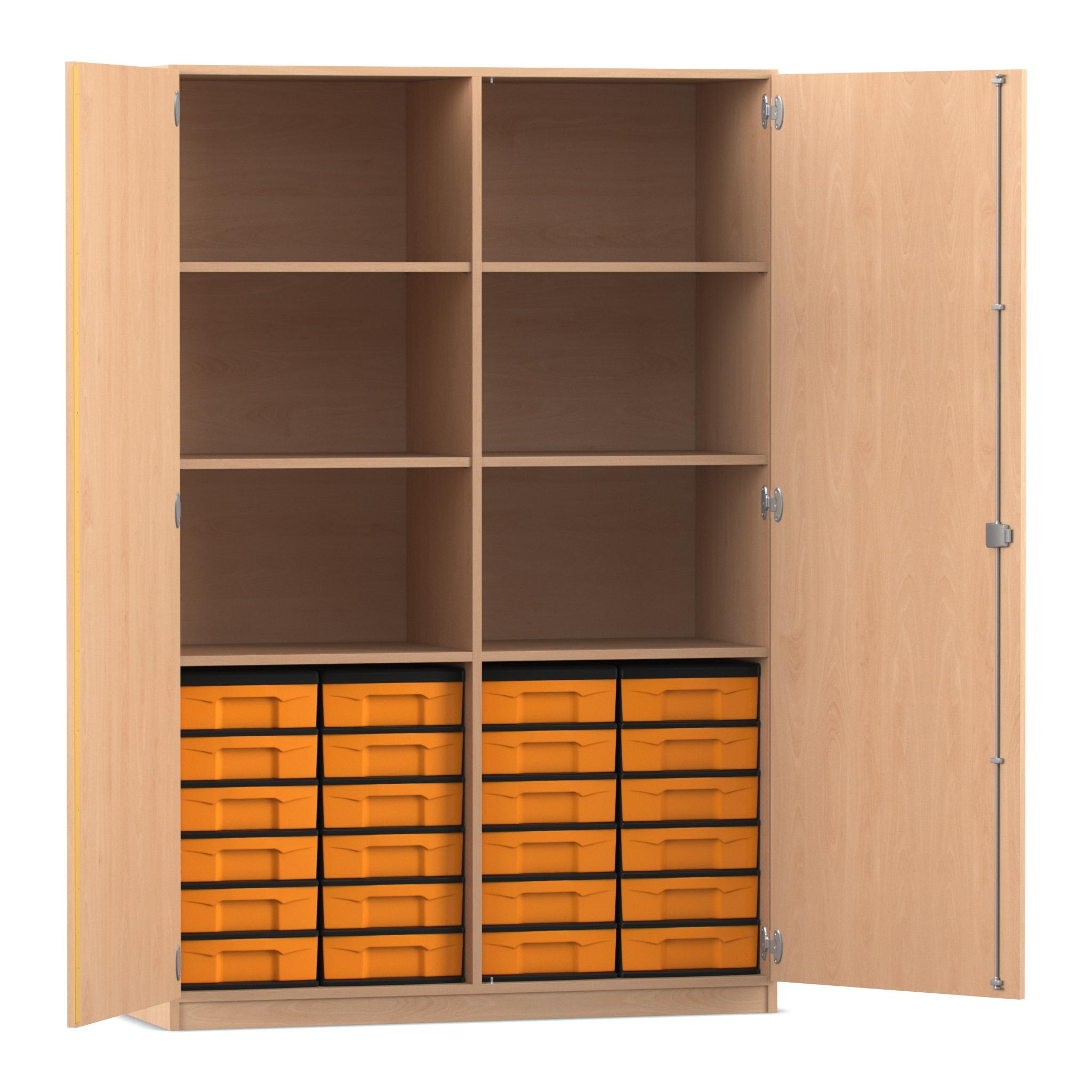 Flexeo® Schrank, Buche hell, 24 kleine Boxen gelb, 6 Fächer, Mittelwand, 2 Türen, HxBxT: 190 x 126,4 X 50 cm, Schloss