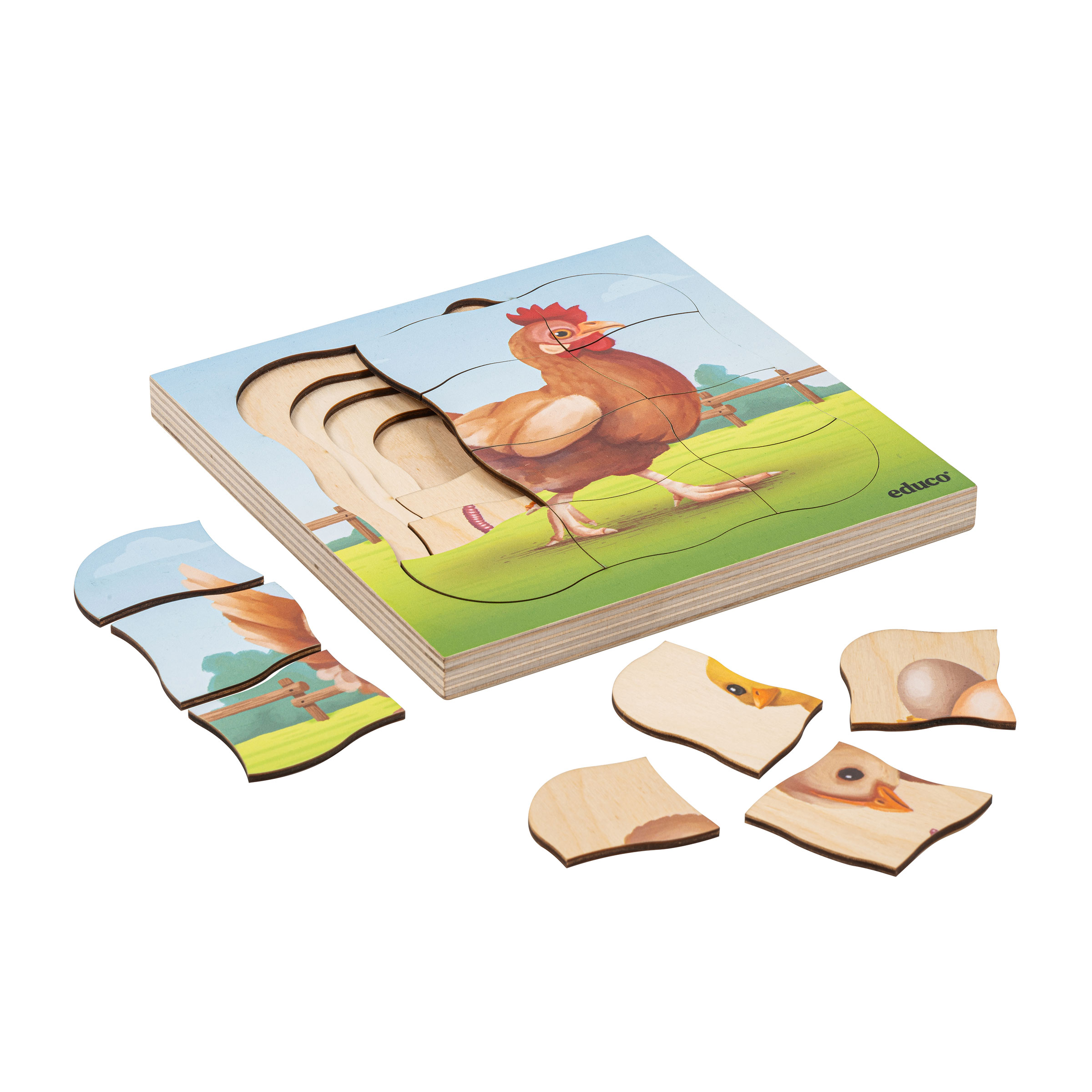 Schichtenpuzzle Huhn wächst – vom Ei zum Huhn, aus Holz