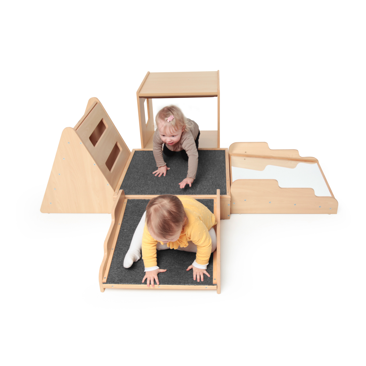 Krippen-Bewegungslandschaft, 5-teilig, mit Spiegel, Tunnel und Kletterwand, aus Holz, Ahorn