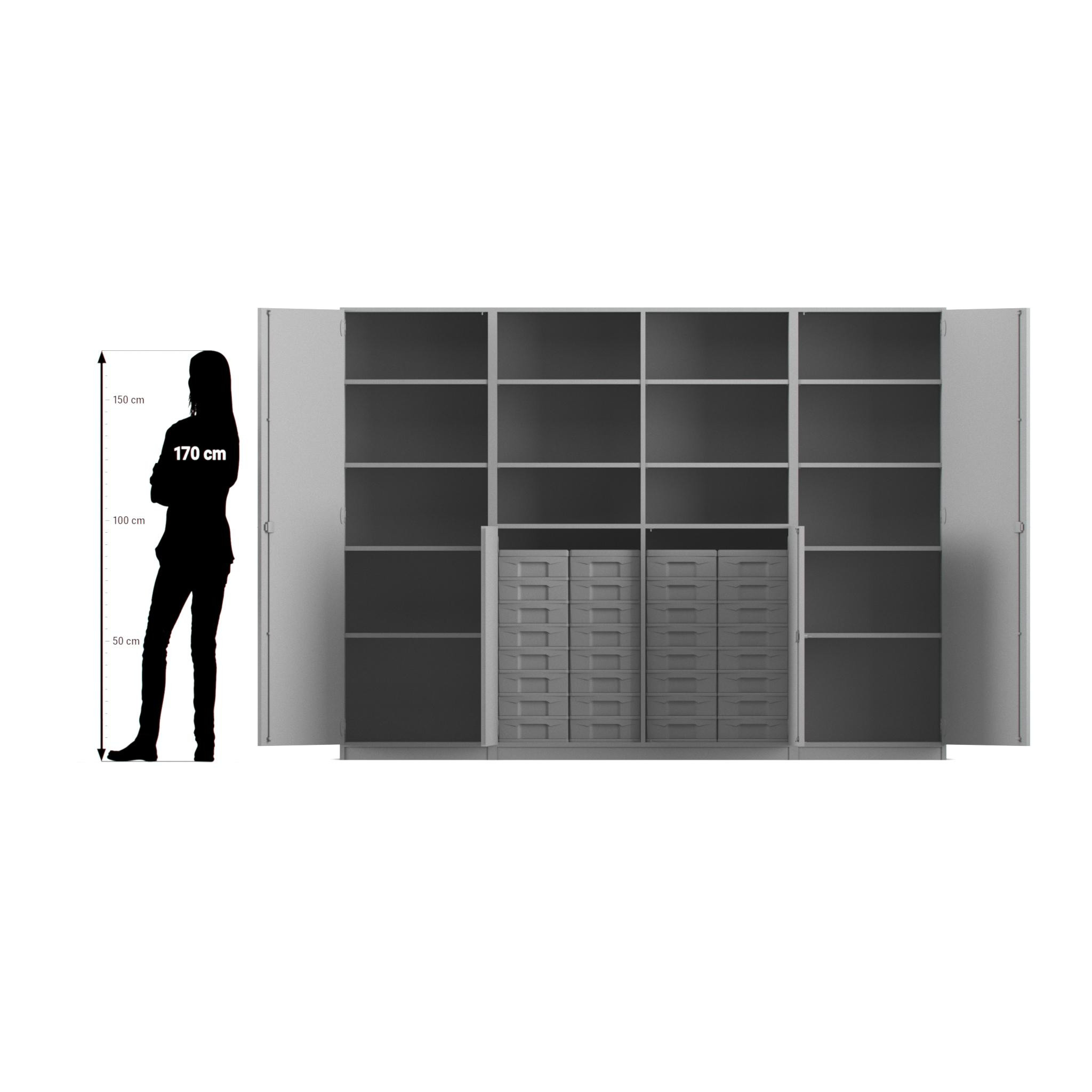Flexeo Systemschrankwand Jupiter, Ahorn honig, HxBxT: 190 x 254,6 x 50 cm, 32 kleine Boxen transparent, 4 Türen, Bogengriff mit Schloss