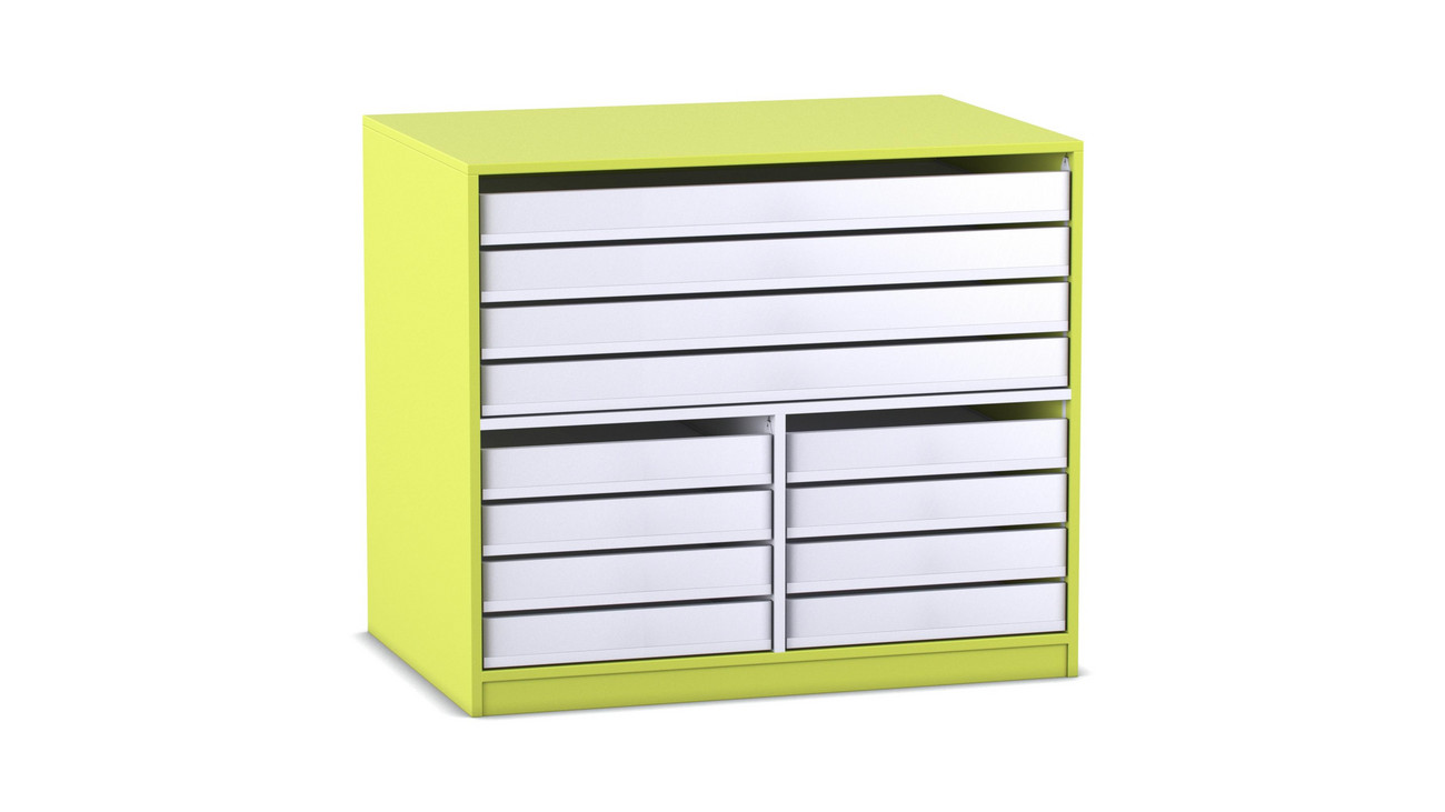 Flexeo® Papier- und Bilderschrank, apfelgrün, 4 große, 8 kleine Auszüge, HxBxT 99,1x115x78 cm
