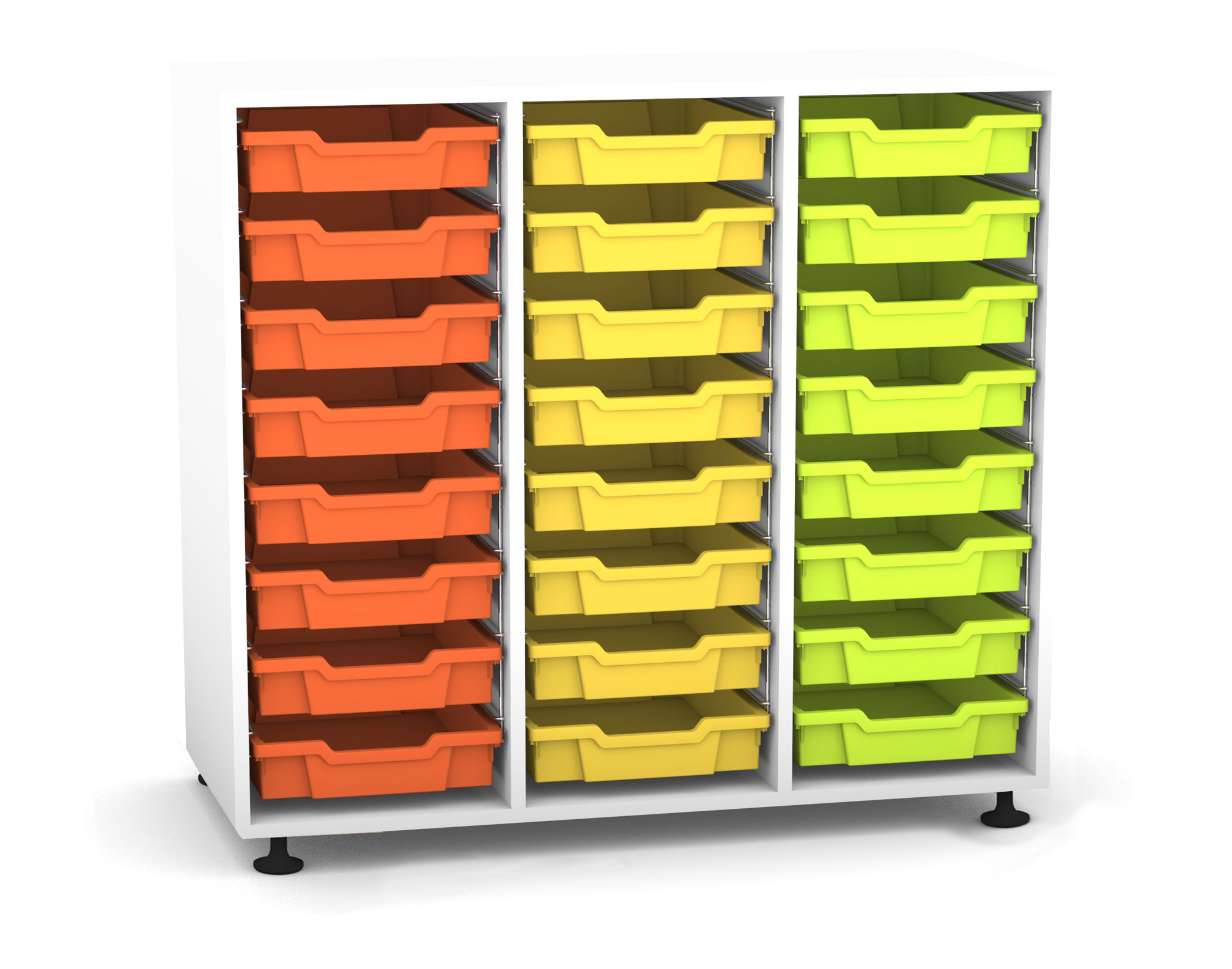 Flexeo Regal PRO mit 3 Reihen und 24 kleinen Boxen Dekor weiß, Stellfüße, Boxen orange gelb grün