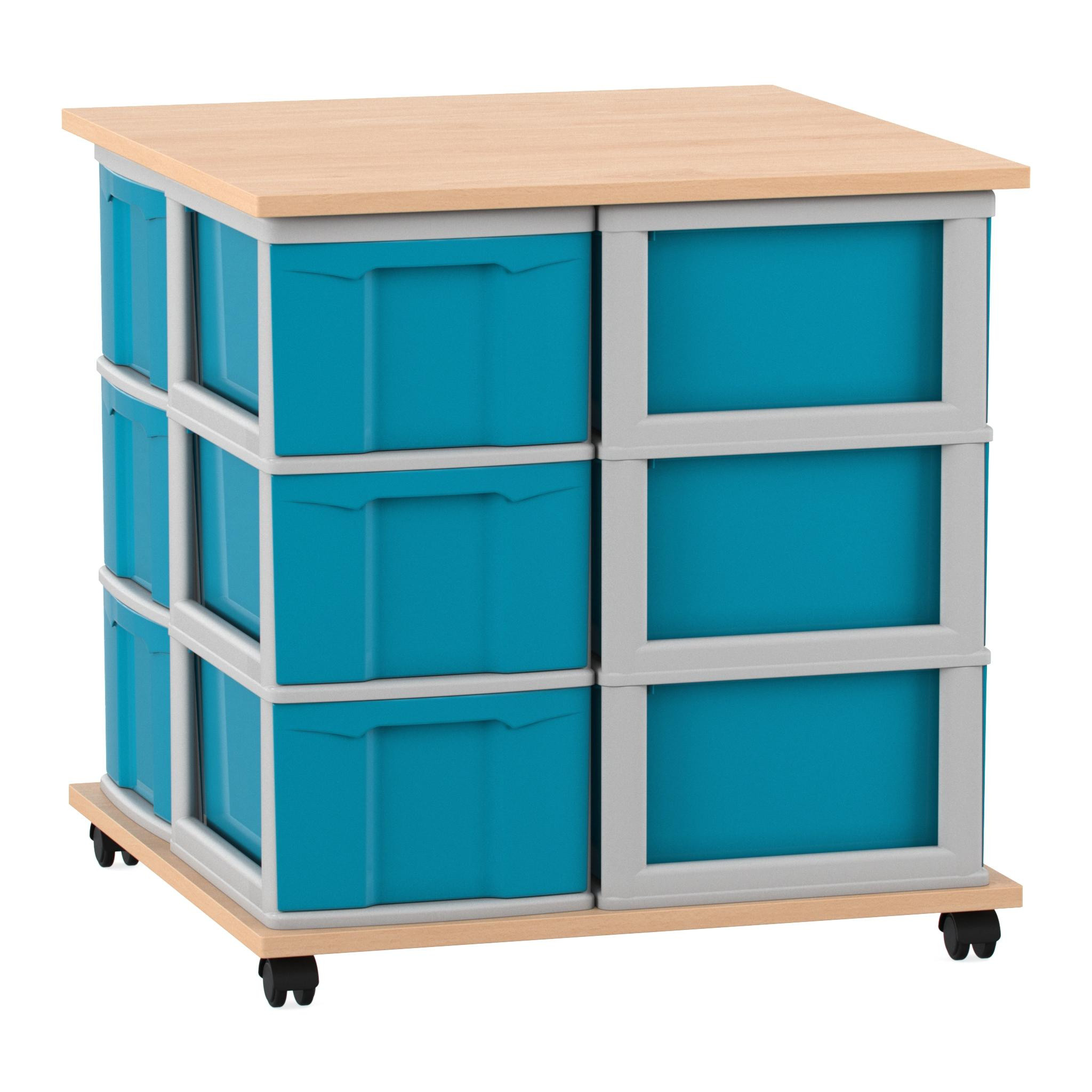 Flexeo® Fahrbares Containersystem Buche hell mit Ablage, 12 große Boxen blau Rahmen grau
