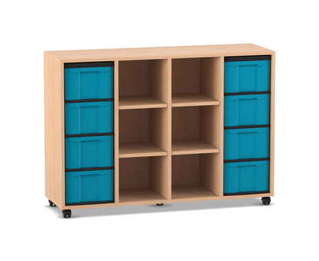 Flexeo Regal, Buche hell, 4 Reihen, 8 große Boxen in blau, 6 Fächer mittig, HxBxT: 92,3 x 130,7 x 40,8 cm, Rollen