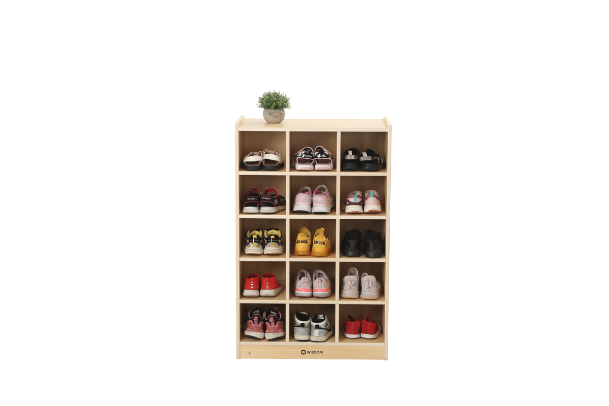 Kinder-Schuhregal, hoch, 15 Fächer, 64x35x100 cm, Ahorn