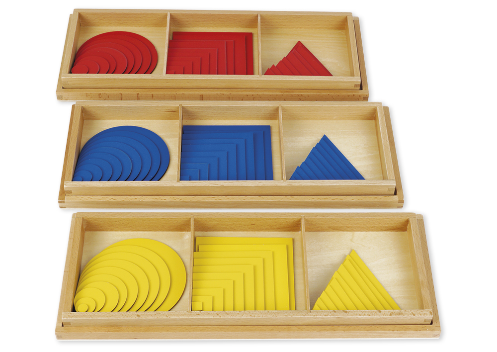 Montessori Satz Kreise, Dreiecke und Quadrate, 3 Holzkästen