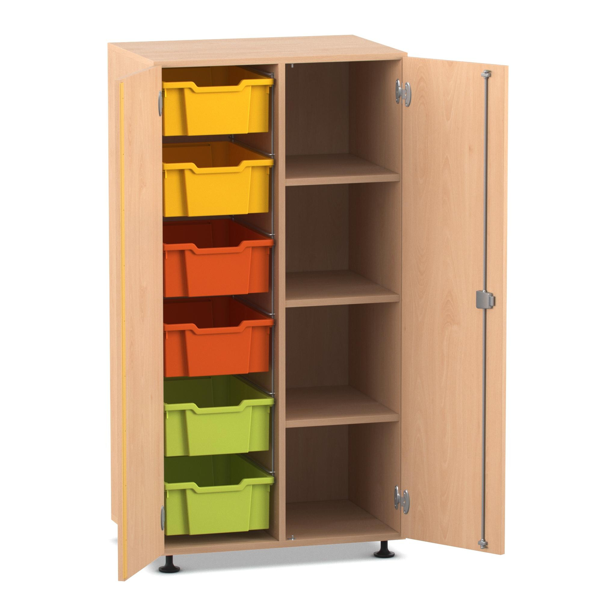 Flexeo® Schrank PRO, Buche hell, HxBxT: 143,9x73,1x50 cm, 6 Boxen Gr. M bunt A, 4 Fächer rechts, Stellfüße, Schloss