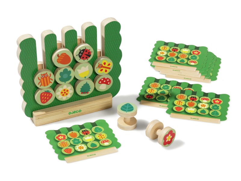 Beobachtungsspiel Gardimix aus Holz, 12 Teile und 10 Vorlagekarten, ab 3 Jahren