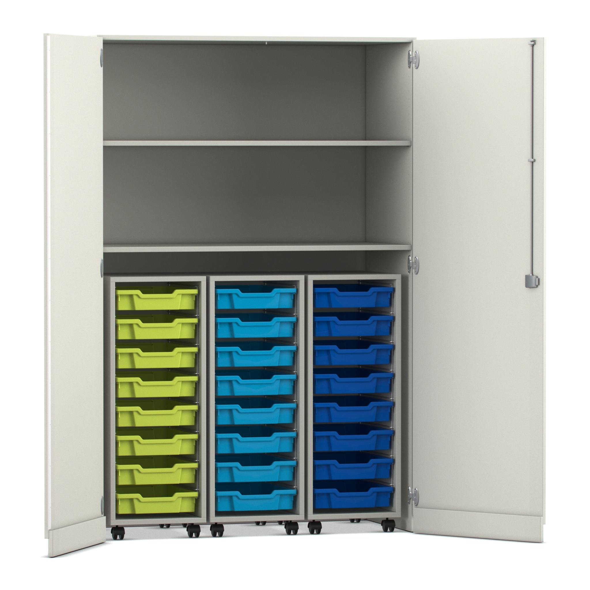 Flexeo® Garagenschrank PRO, Dekor weiß, HxBxT: 190x126,4x60 cm, 3 Rollcontainer, 24 Boxen Gr. S bunt B, Bogengriff mit Schloss