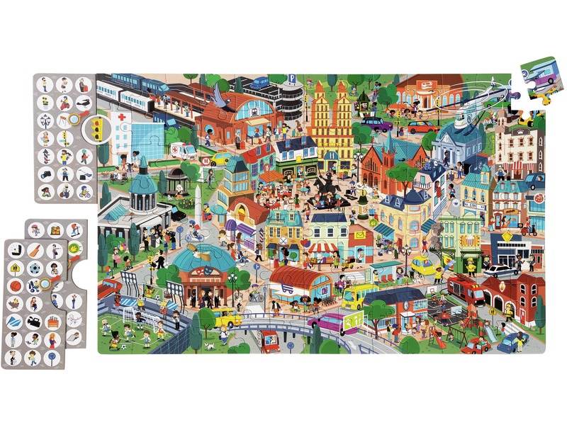 Beobachtungspuzzle Stadt mit Suchaufgaben und Poster, 104 Teile, ab 5 Jahren