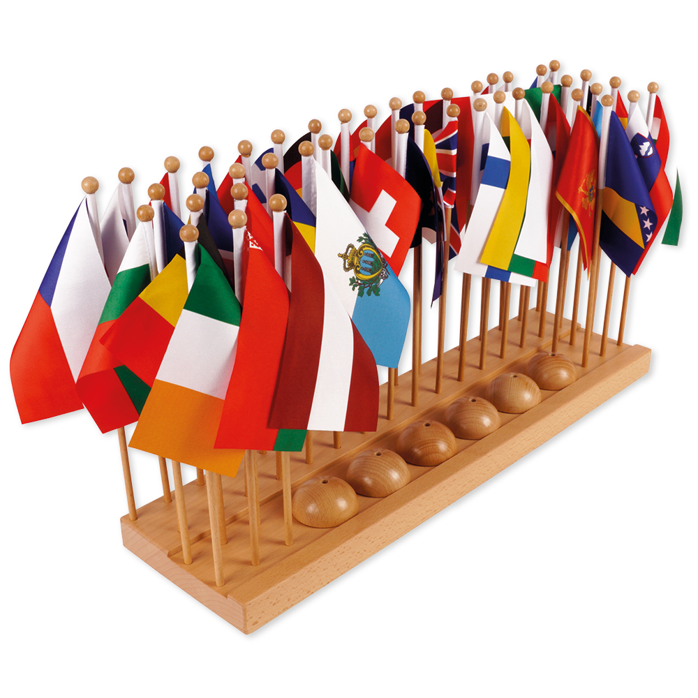 Montessori Flaggenständer Europa, 45 Stoffflaggen, 6 Einzelständer, Buchenholz