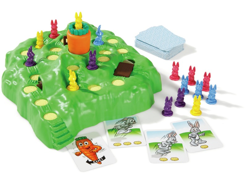 Brettspiel Beiß die Karotte, Wettlaufspiel mit 16 Kaninchen, ab 4 Jahren
