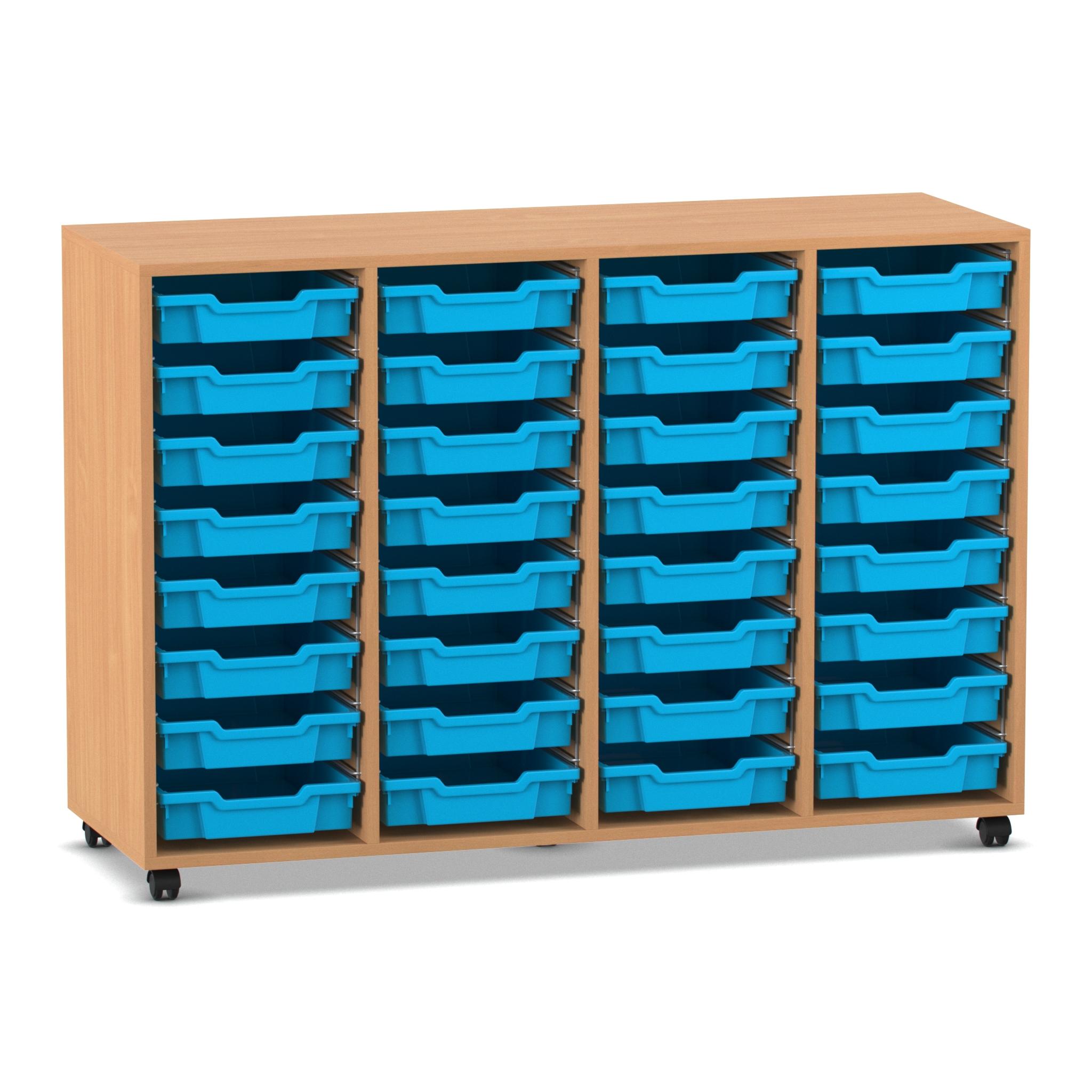 Flexeo® Regal PRO, Buche dunkel, HxBxT: 99.1 x 143.9 x 48 cm, 4 Reihen, 32 kleine Boxen hellblau, Rollen