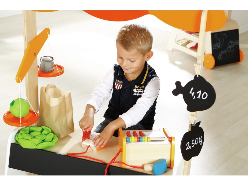 Ladenkasse aus Holz mit Scanner, Kartenlesegerät und Spielgeld, ab 3 Jahren