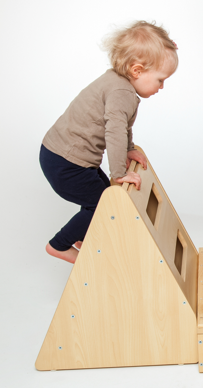 Krippen-Bewegungslandschaft, 5-teilig, mit Spiegel, Tunnel und Kletterwand, aus Holz, Ahorn