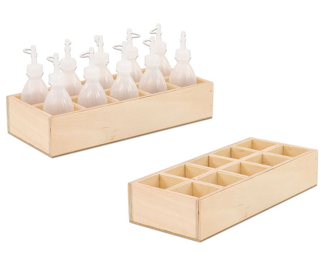 Holzbox mit 10 Kleberflaschen