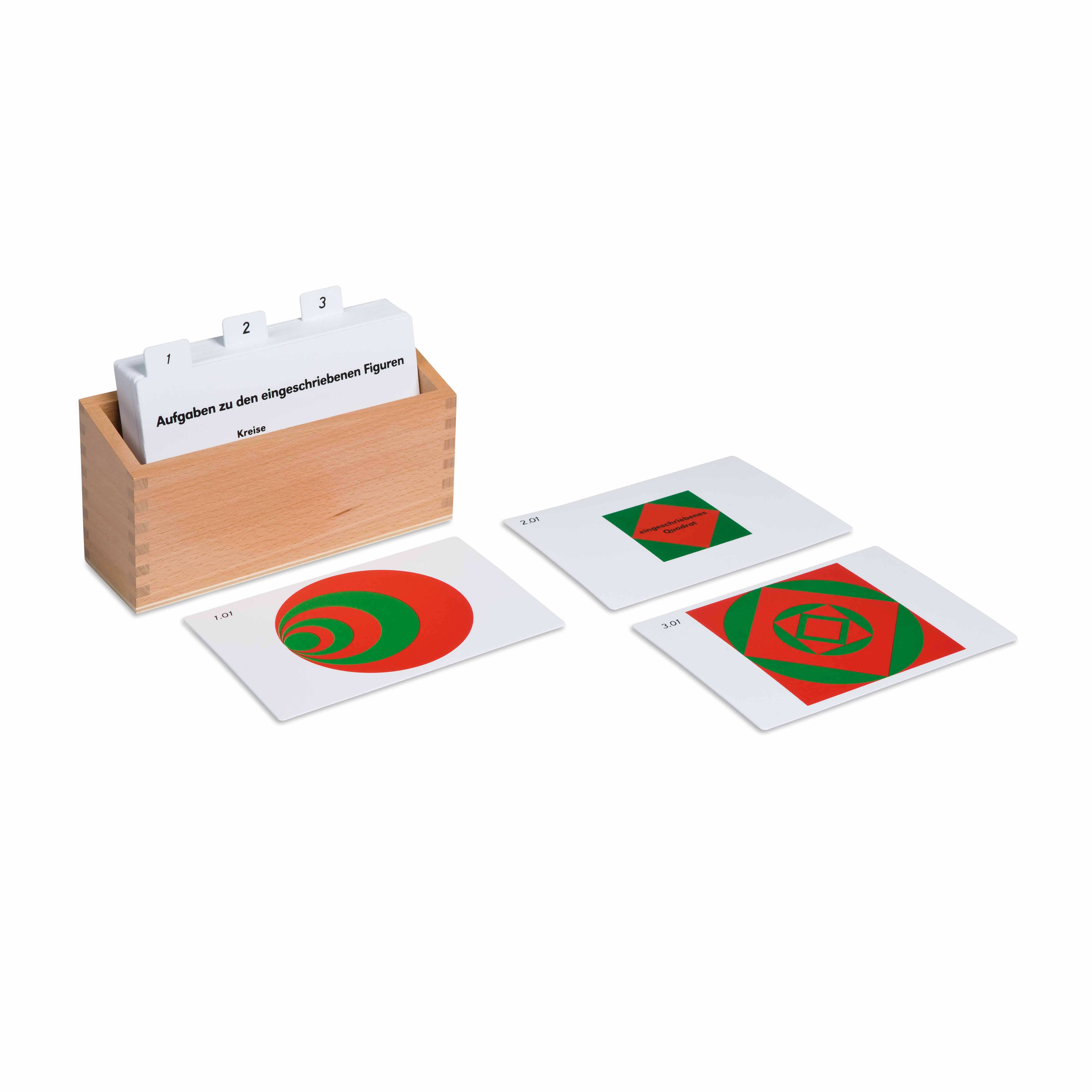 Kasten mit Aufgabenkarten für die eingeschriebenen und konzentrischen Figuren - Montessori Sinnesmaterial