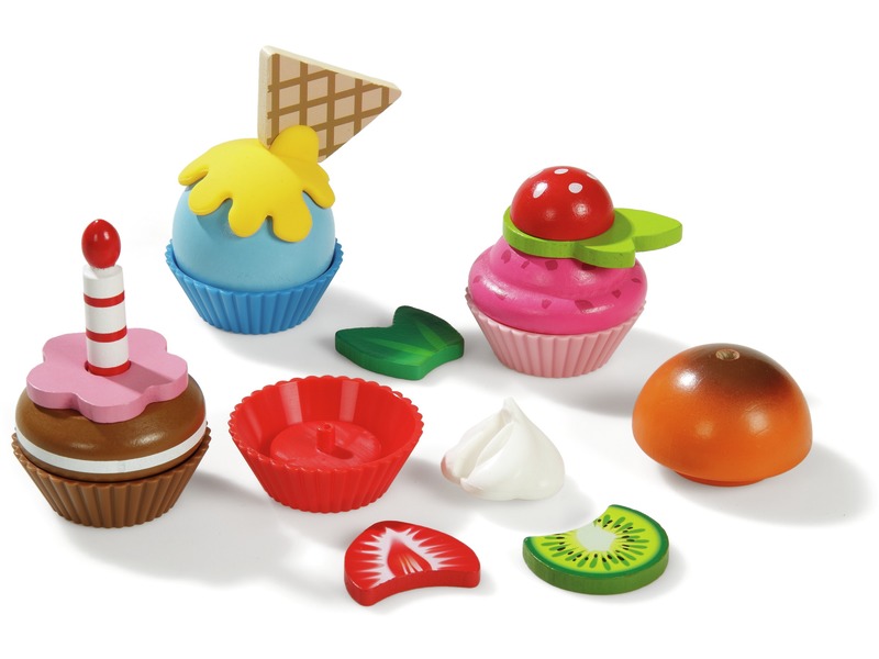 Cupcakes aus Holz zum Verzieren, Spiellebensmittel, 18 Teile, ab 3 Jahren
