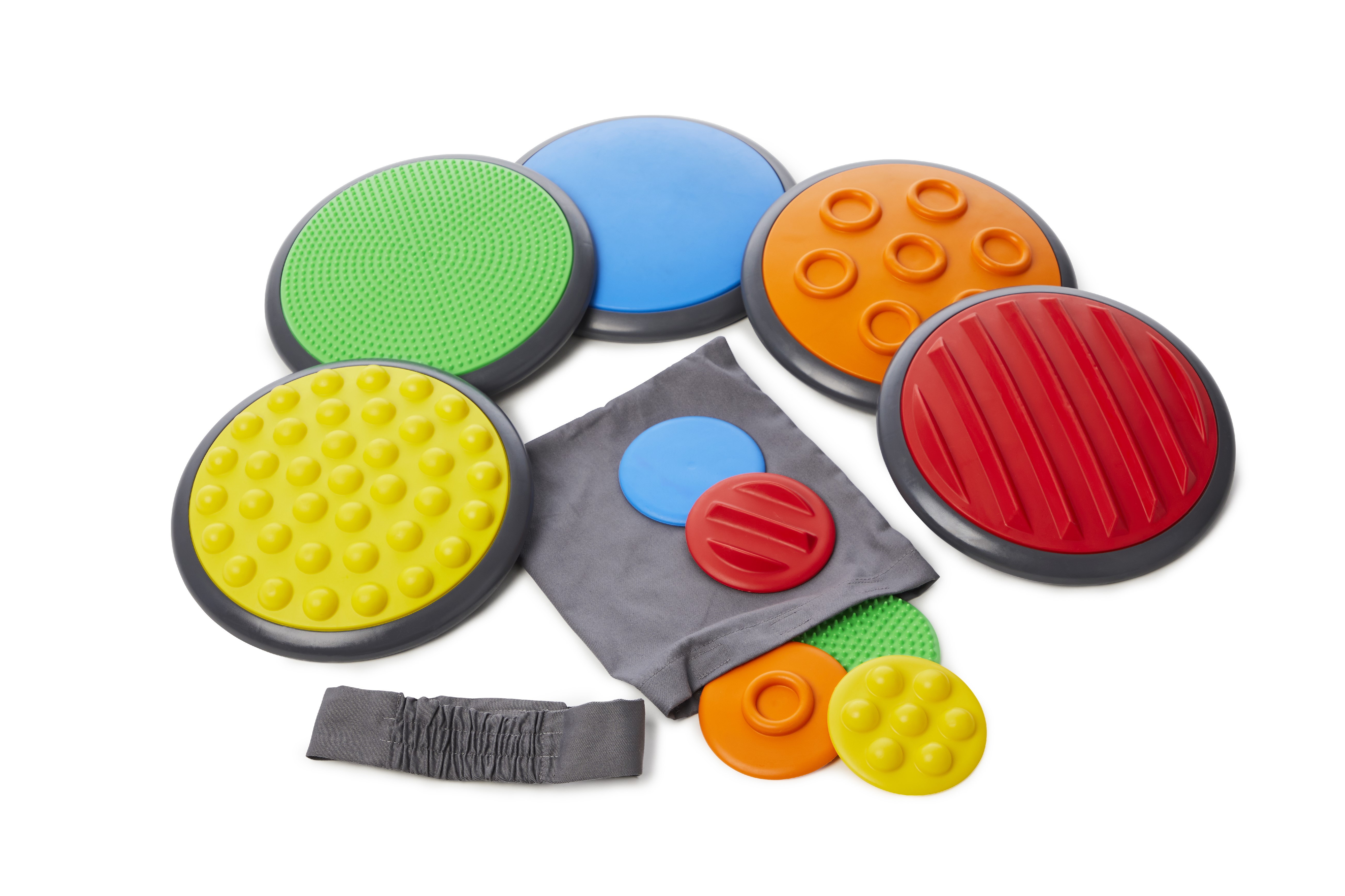 Taktile Fühlplatten, Gonge Scheiben, Set 1, inkl. Augenbinde, 5er Set