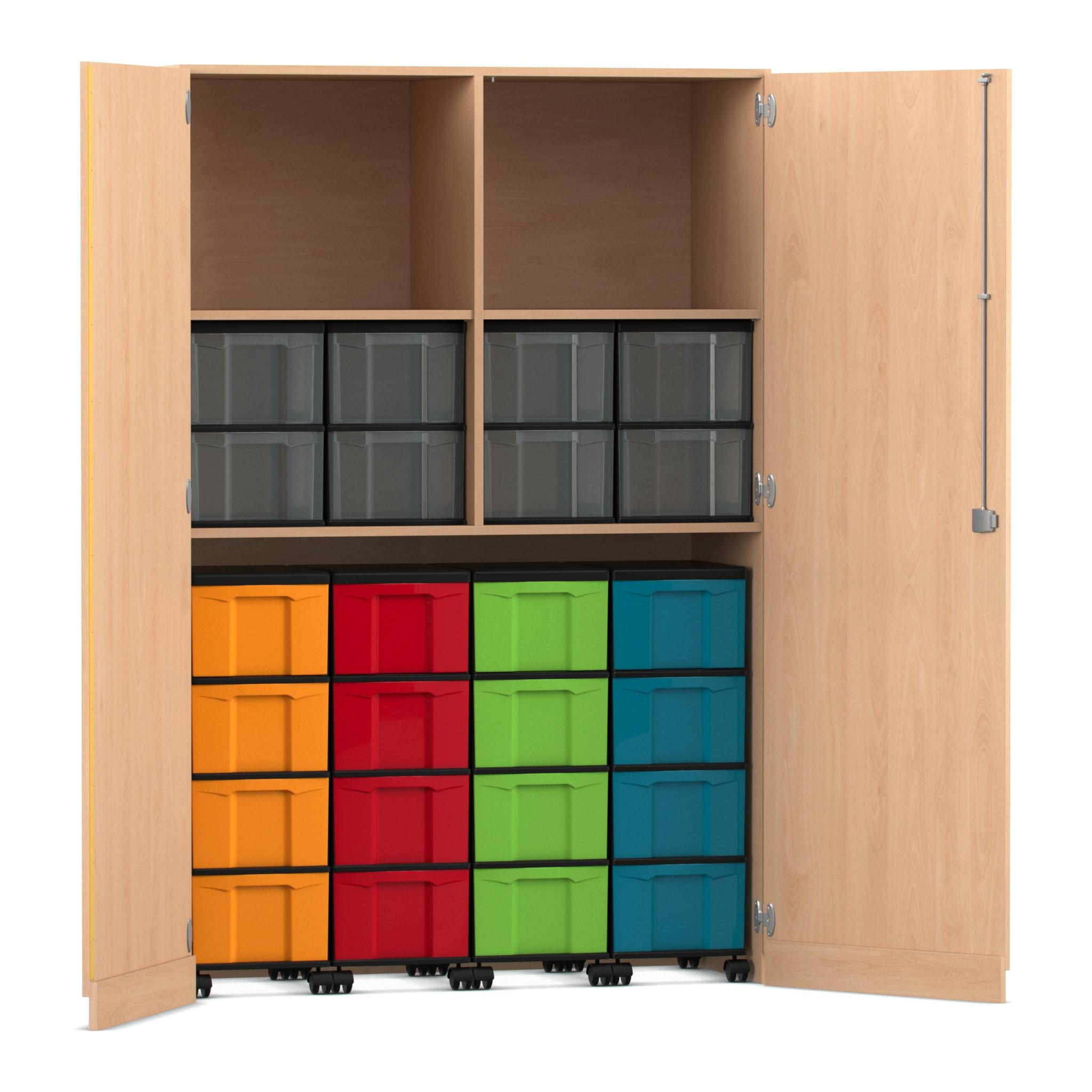Flexeo® Garagenschrank, Buche hell, HxBxT: 190x126x60 cm, 2 Fächer, 4 Rollcontainer, große Boxen 16 bunt/8 transparent, Schloss