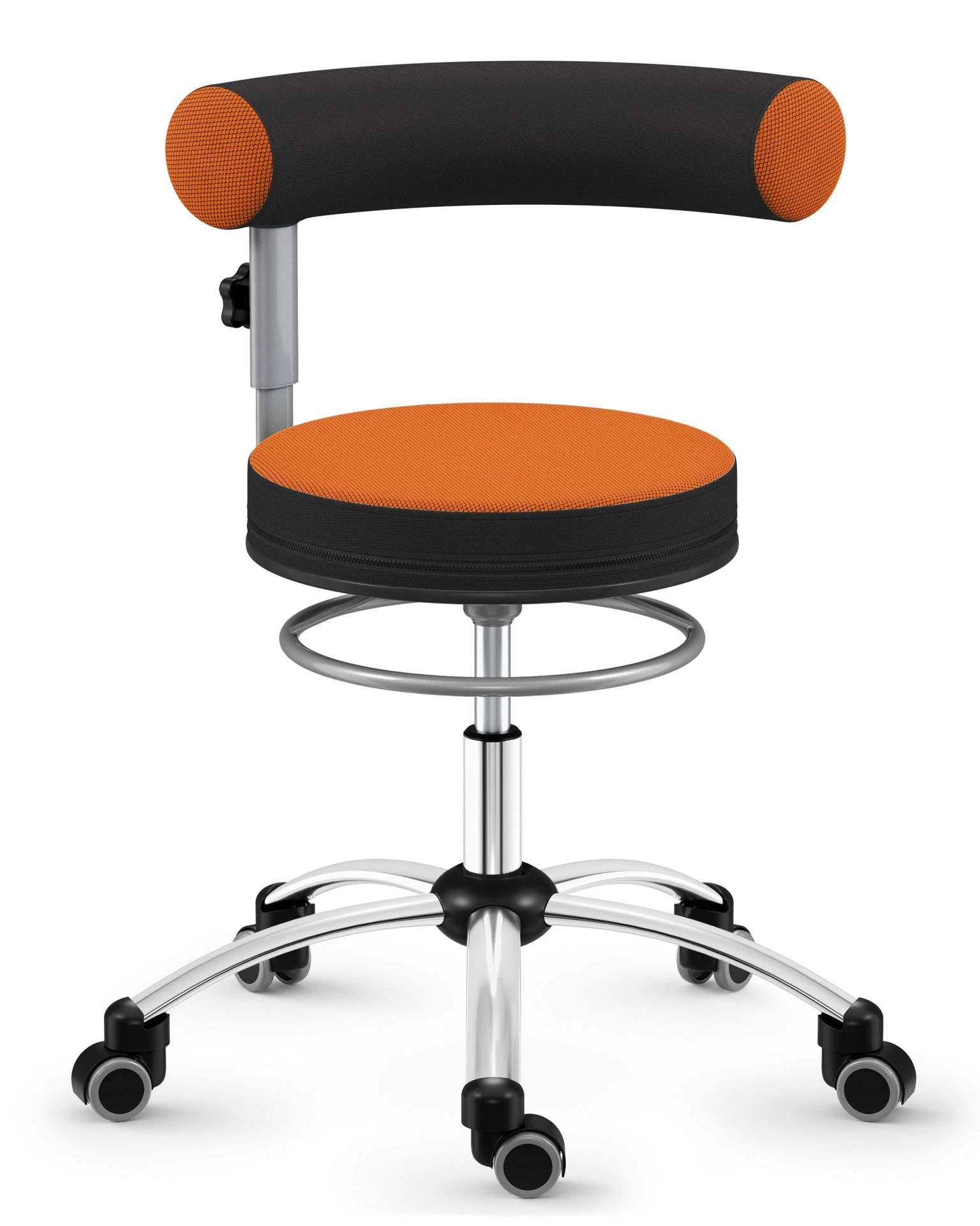 Sanus®-Gesundheitsstuhl 42-51 cm mit höhenverstellbarer Lehne, Stoff orange/schwarz, mit Bürorollen