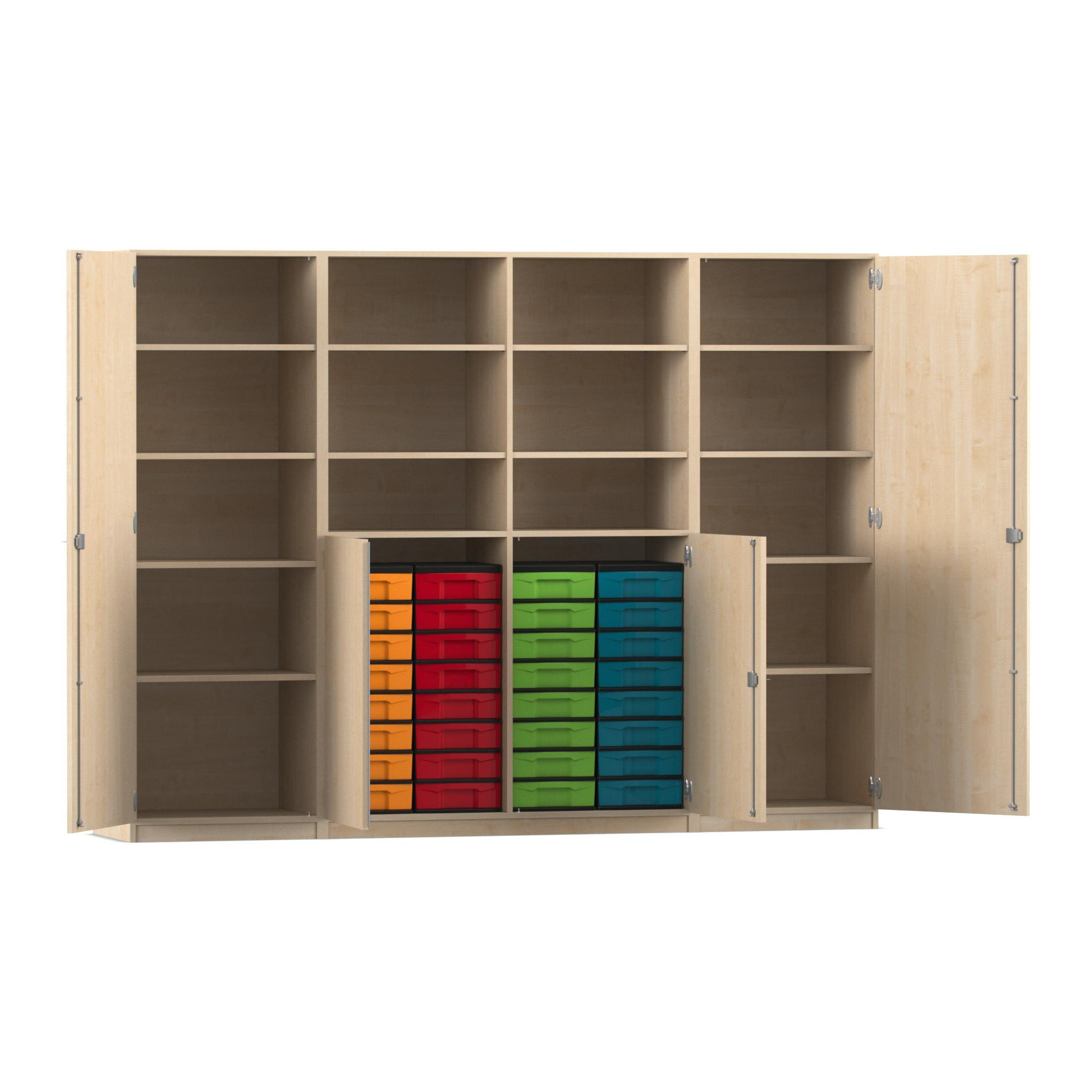 Flexeo Systemschrankwand Jupiter, Ahorn honig, HxBxT: 190 x 254,6 x 50 cm, 32 kleine Boxen bunt, 4 Türen, Bogengriff mit Schloss