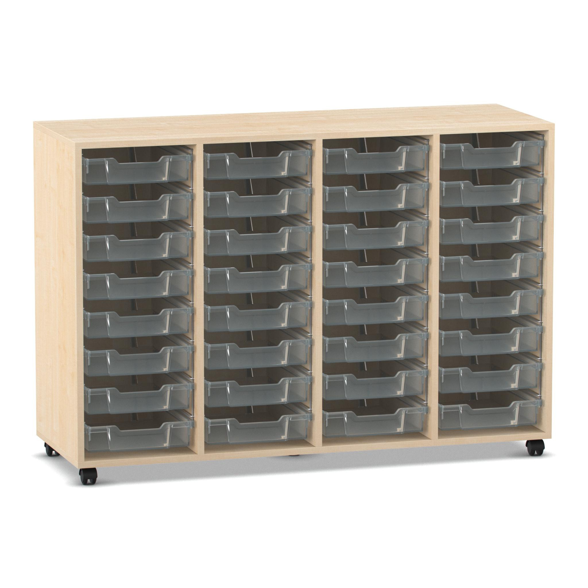 Flexeo Regal PRO, Ahorn honig, HxBxT: 99.1 x 143.9 x 48 cm, mit 4 Reihen, Rollen, inkl. 32 kleine Boxen transparent