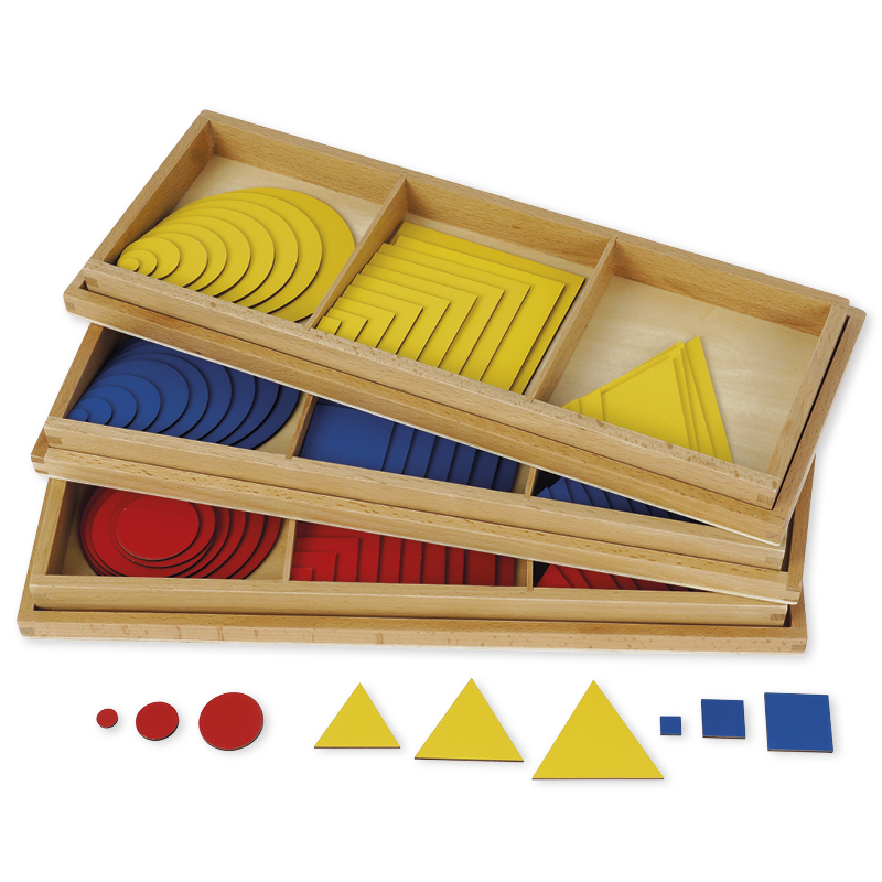 Montessori Satz Kreise, Dreiecke und Quadrate, 3 Holzkästen