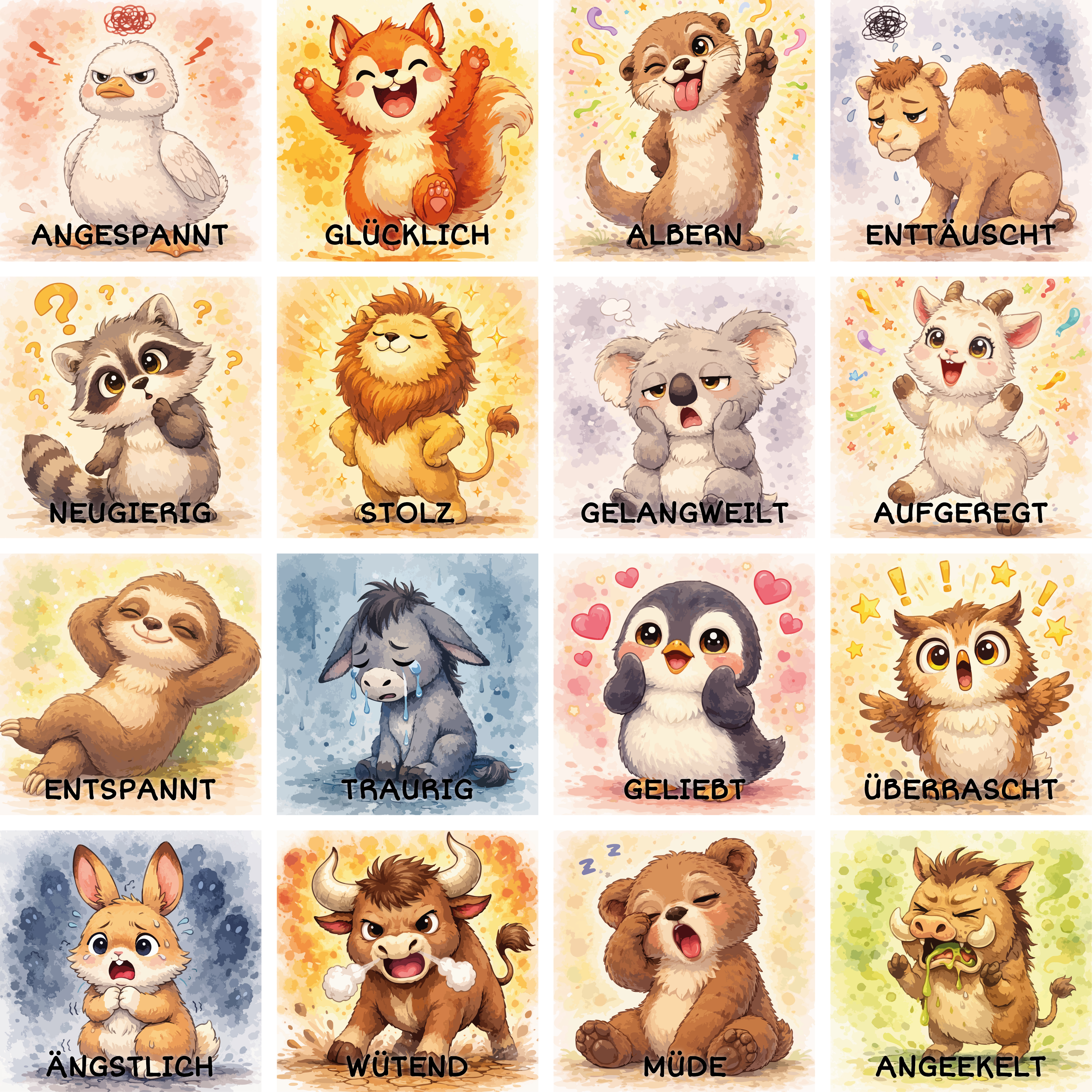 Sitz-Teppichfliesen Emotionen, 16 Tiere mit verschiedenen Gefühlen, für Kinder, 34 x 34 cm