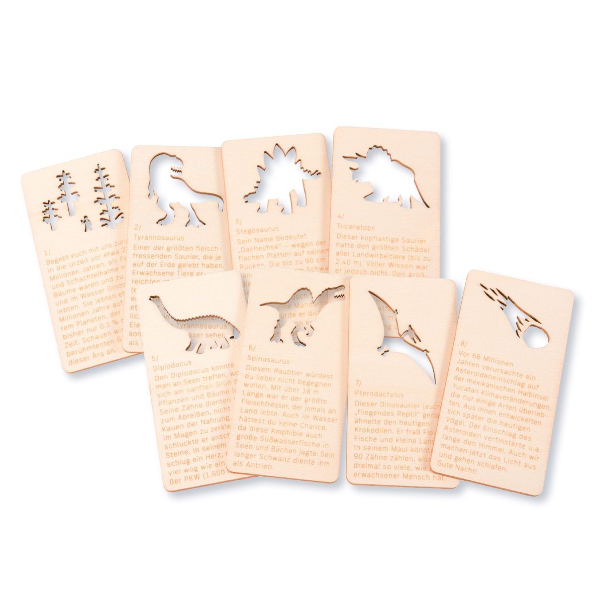 Schattenspiel Dinosaurier, 8 nummerierte Holzkarten, 6 x 12 x 0,3 cm