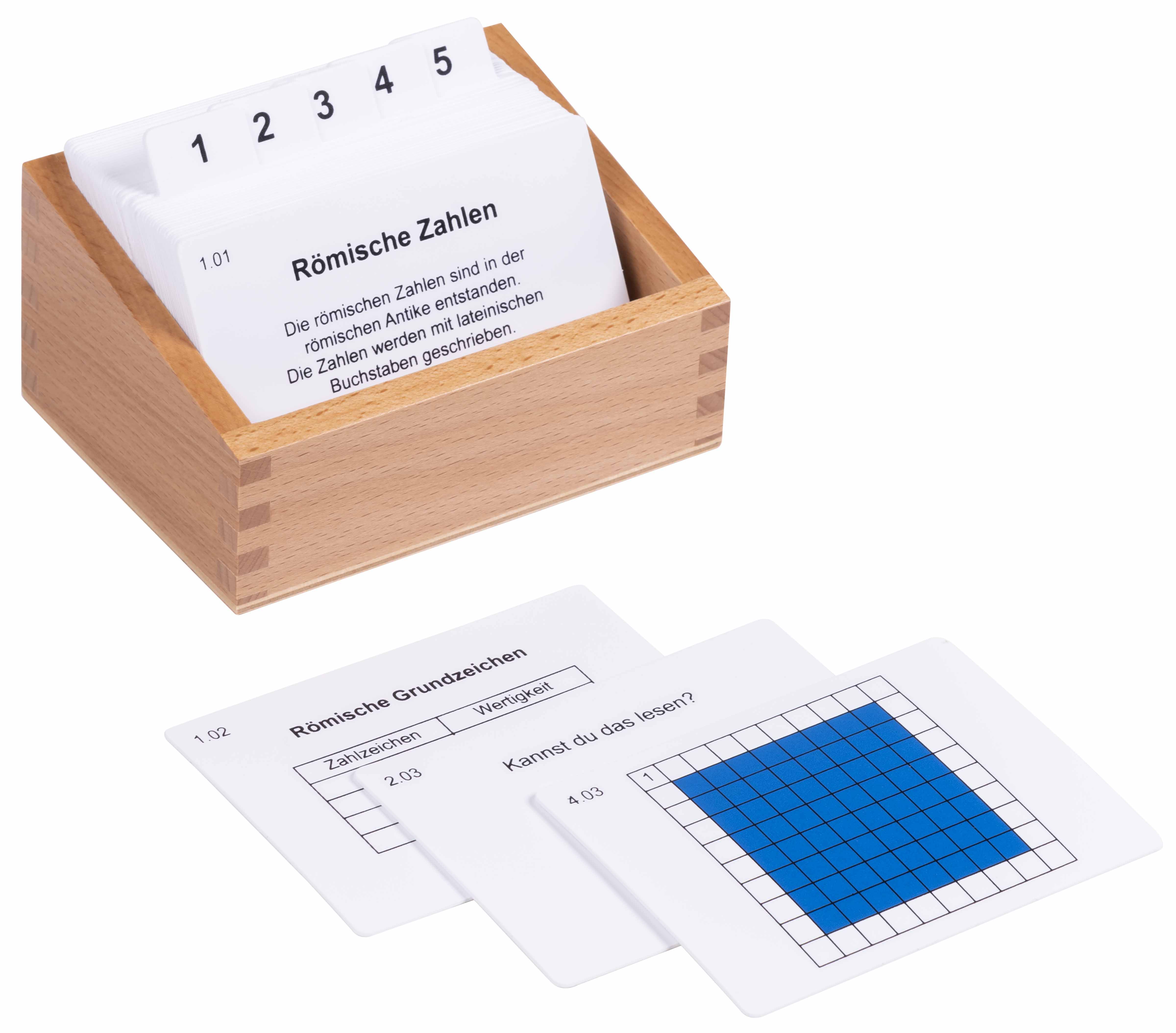 Kasten mit Aufgabenkarten für das Hunderterbrett mit Römischen Ziffern - Montessori Mathematik