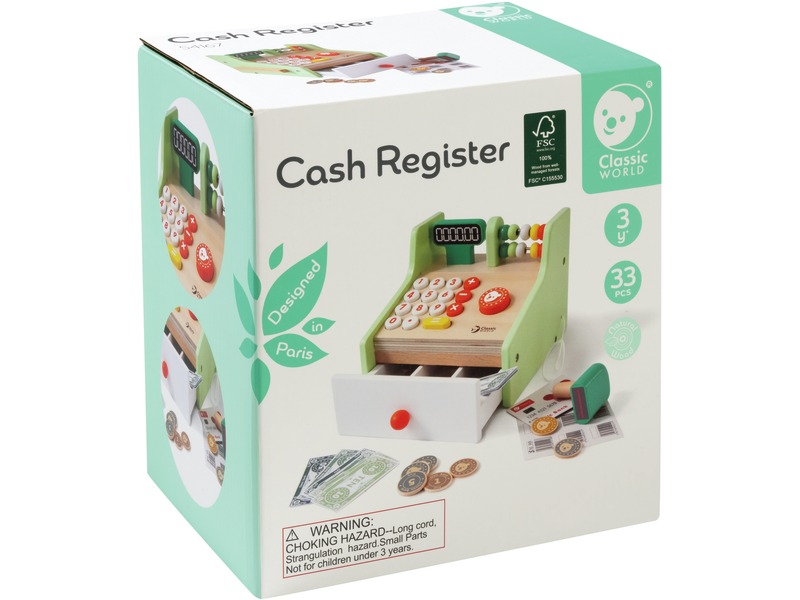 Registrierkasse aus Holz mit Scanner und Spielgeld, Kaufladen, ab 3 Jahren