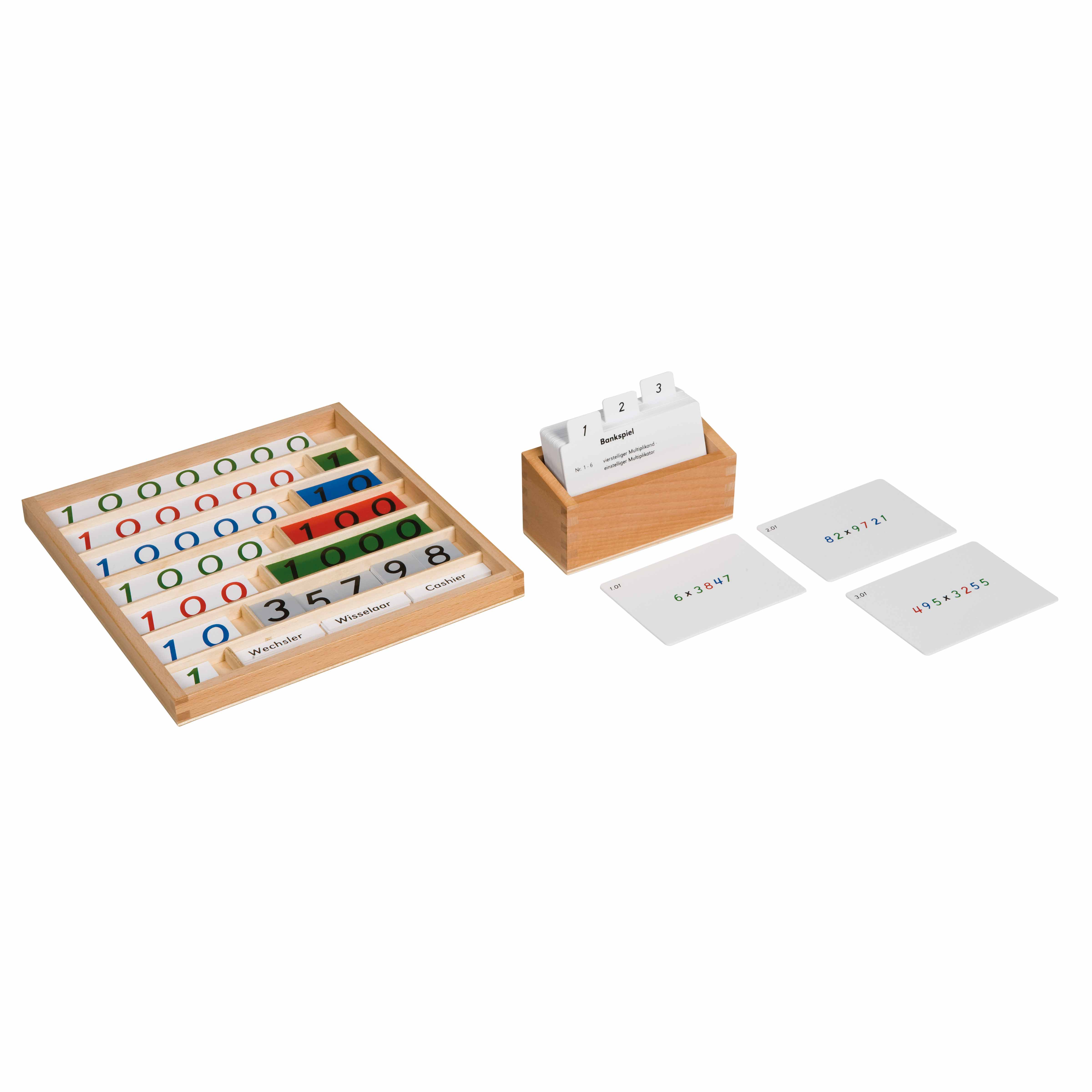 Kasten mit Aufgabenkarten für das Bankspiel - Montessori Mathematik