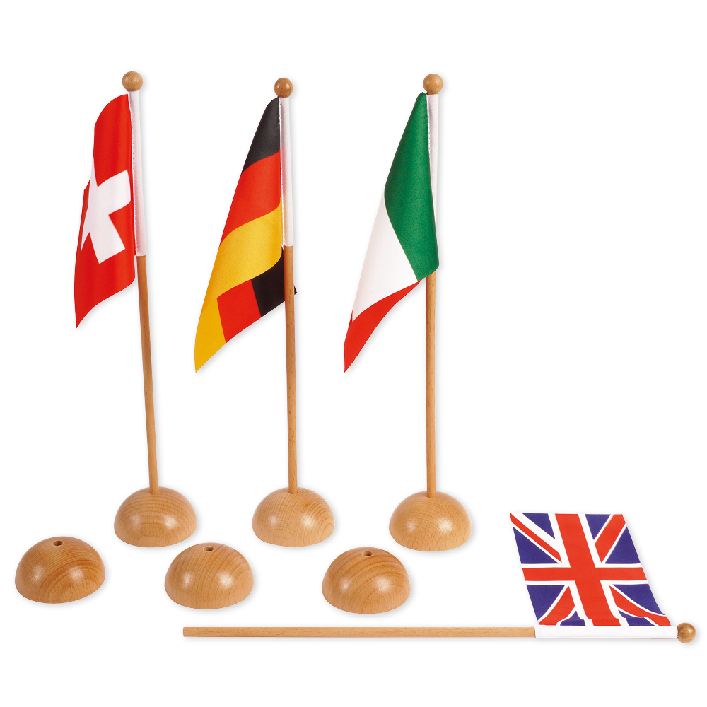 Montessori Flaggenständer Europa, 45 Stoffflaggen, 6 Einzelständer, Buchenholz