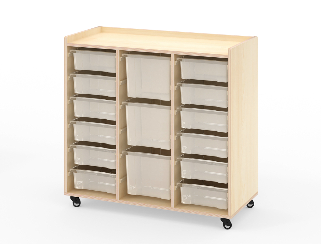 Mobiles Kinder-Regal, hoch, 12 kleine und 3 große Boxen, mit Rollen, 86x39x83 cm, Ahorn