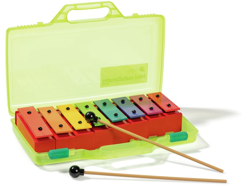 Mini-Metallophon mit 8 farbigen Klangplatten und 2 Schlägeln, ab 3 Jahren
