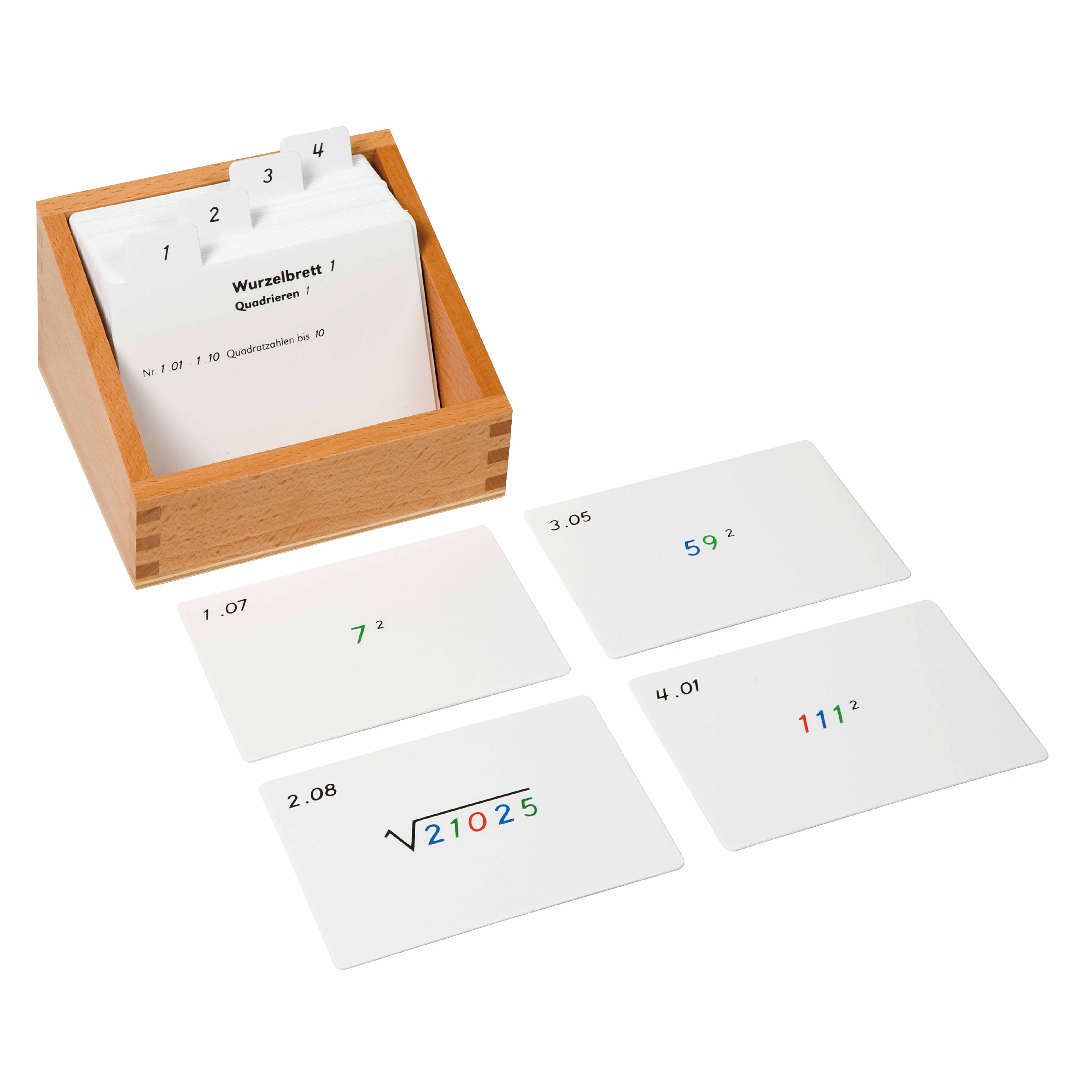 Kasten mit Aufgabenkarten für das Wurzelbrett 1: Quadrieren - Montessori Mathematik
