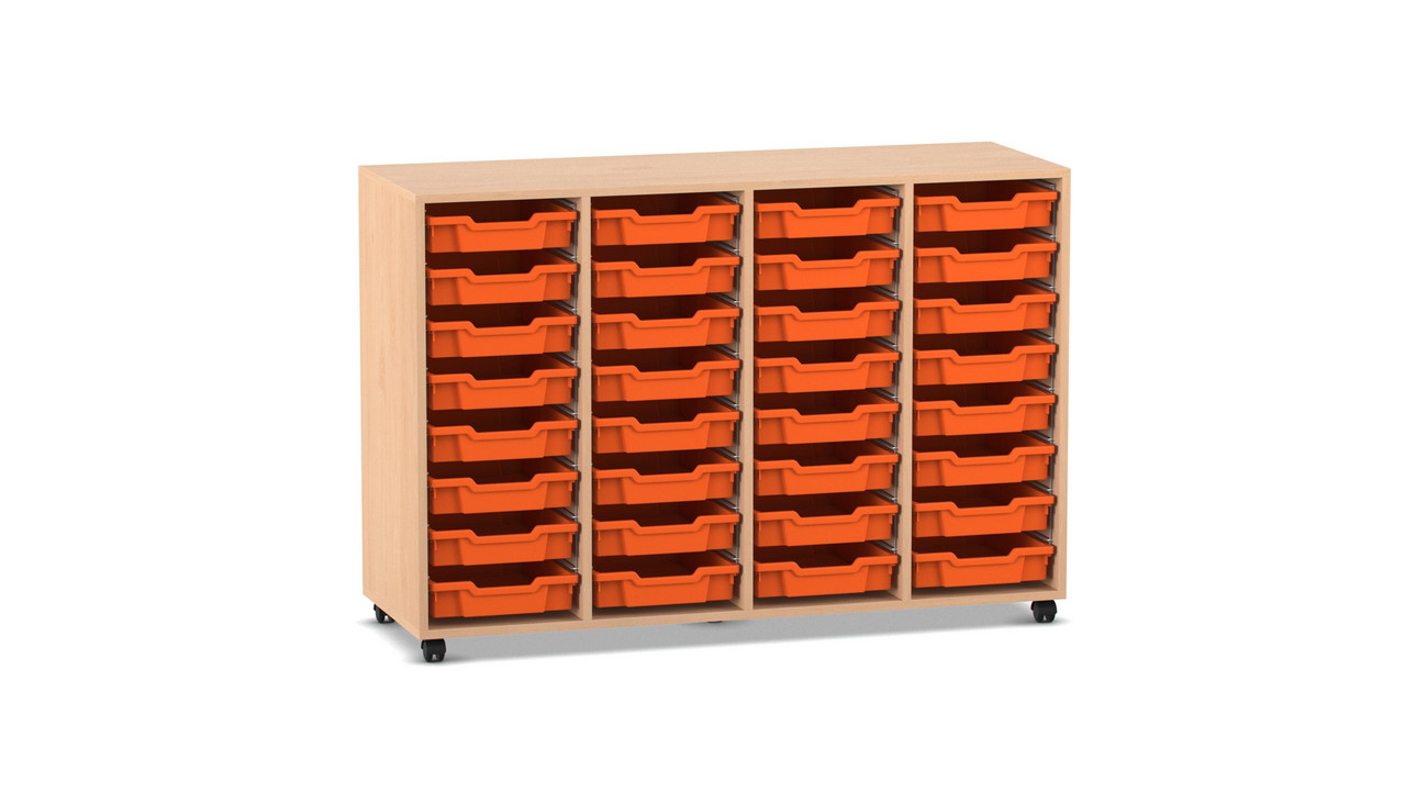 Flexeo® Regal PRO Buche hell, HxBxT: 99.1 x 143.9 x 48 cm, 4 Reihen, 32 kleine Boxen orange, Rollen