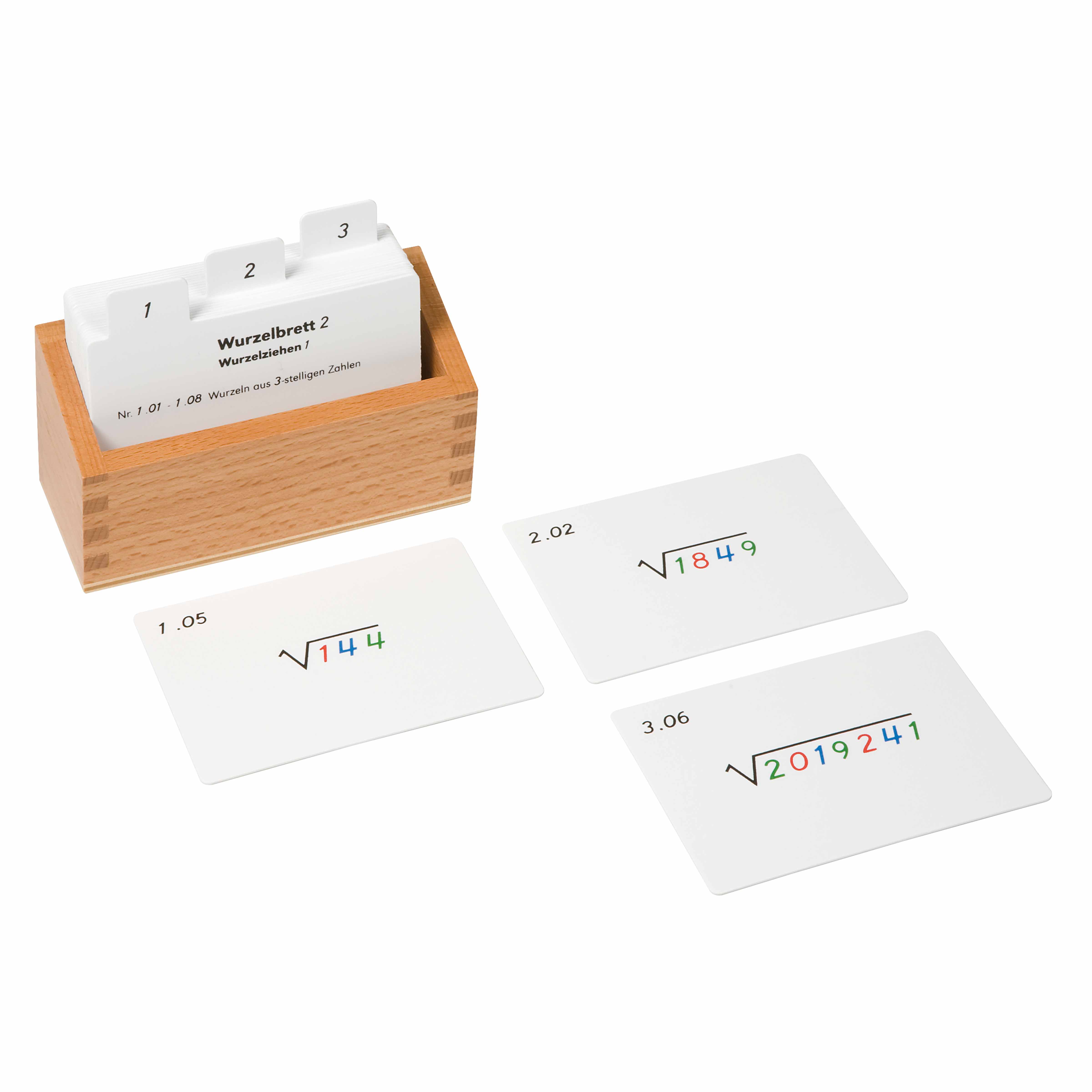 Kasten mit Aufgabenkarten für das Wurzelbrett 2: Wurzelziehen - Montessori Mathematik