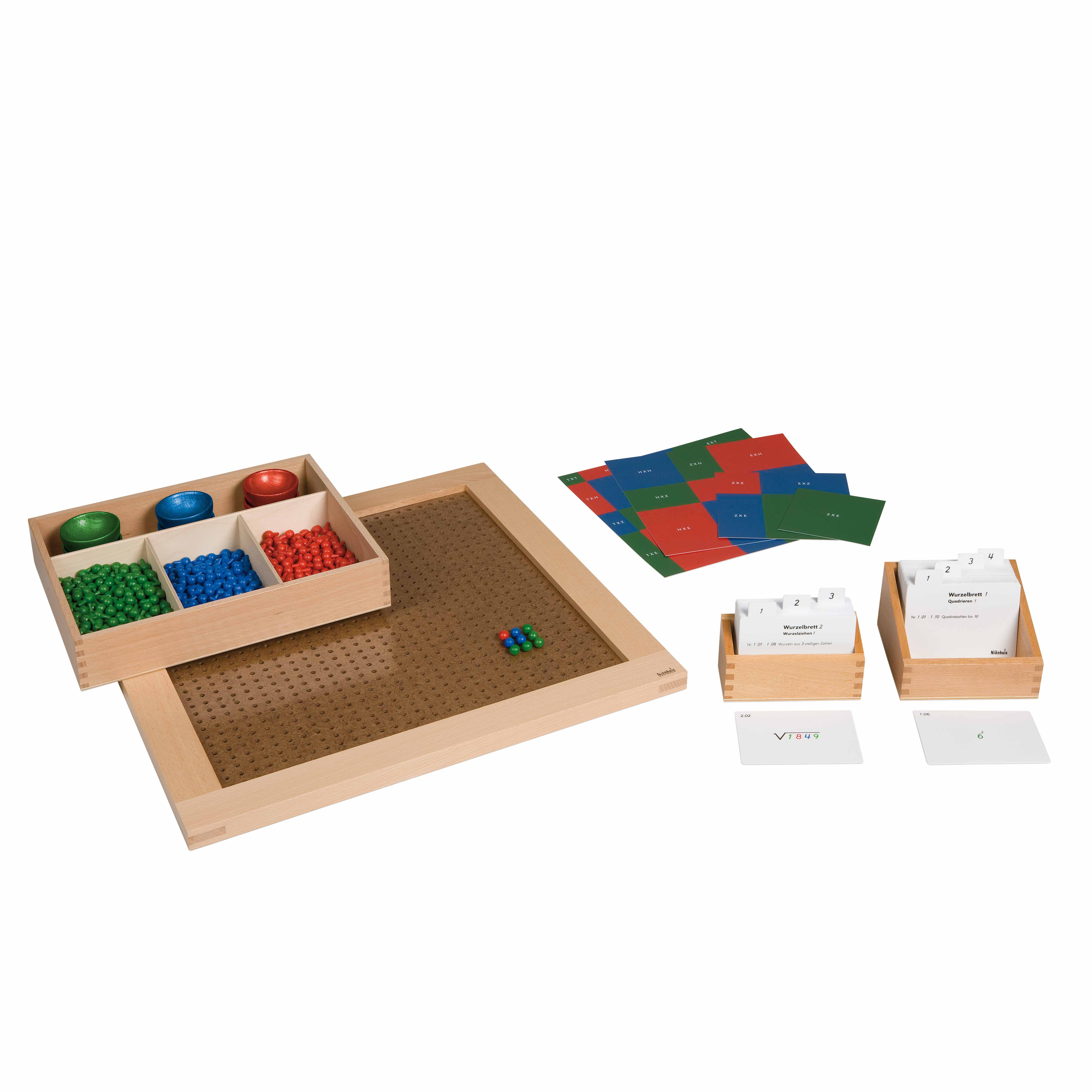 Kasten mit Aufgabenkarten für das Wurzelbrett 1: Quadrieren - Montessori Mathematik