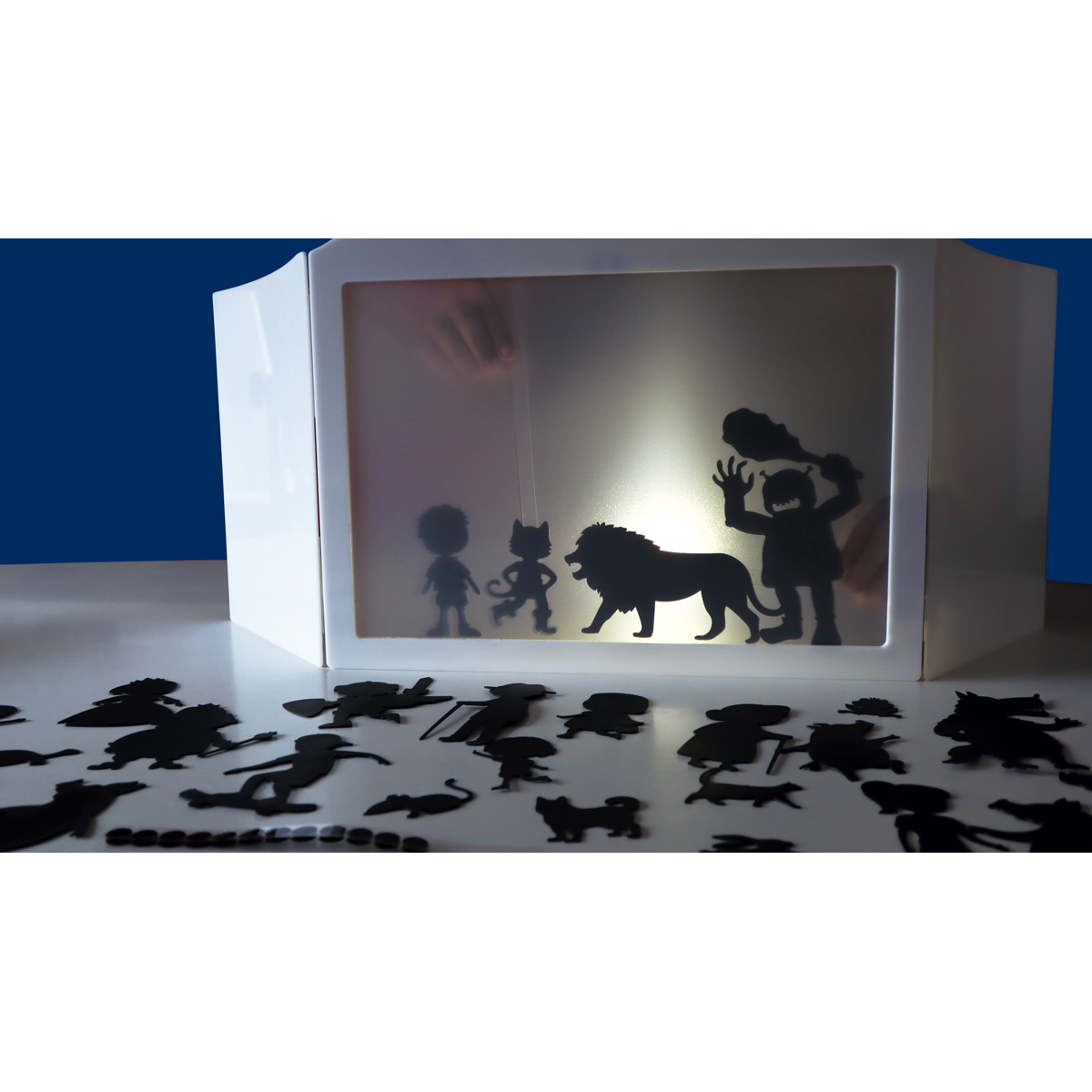 Schattentheater Set, 43 Figuren, Theater aufgeklappt 46 x 23 x 40,5 cm