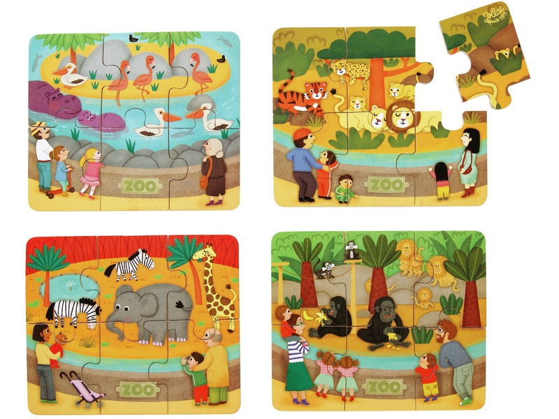 Holzpuzzle-Set Tiere im Zoo, 4 Puzzles mit je 6 Teilen, ab 2 Jahren